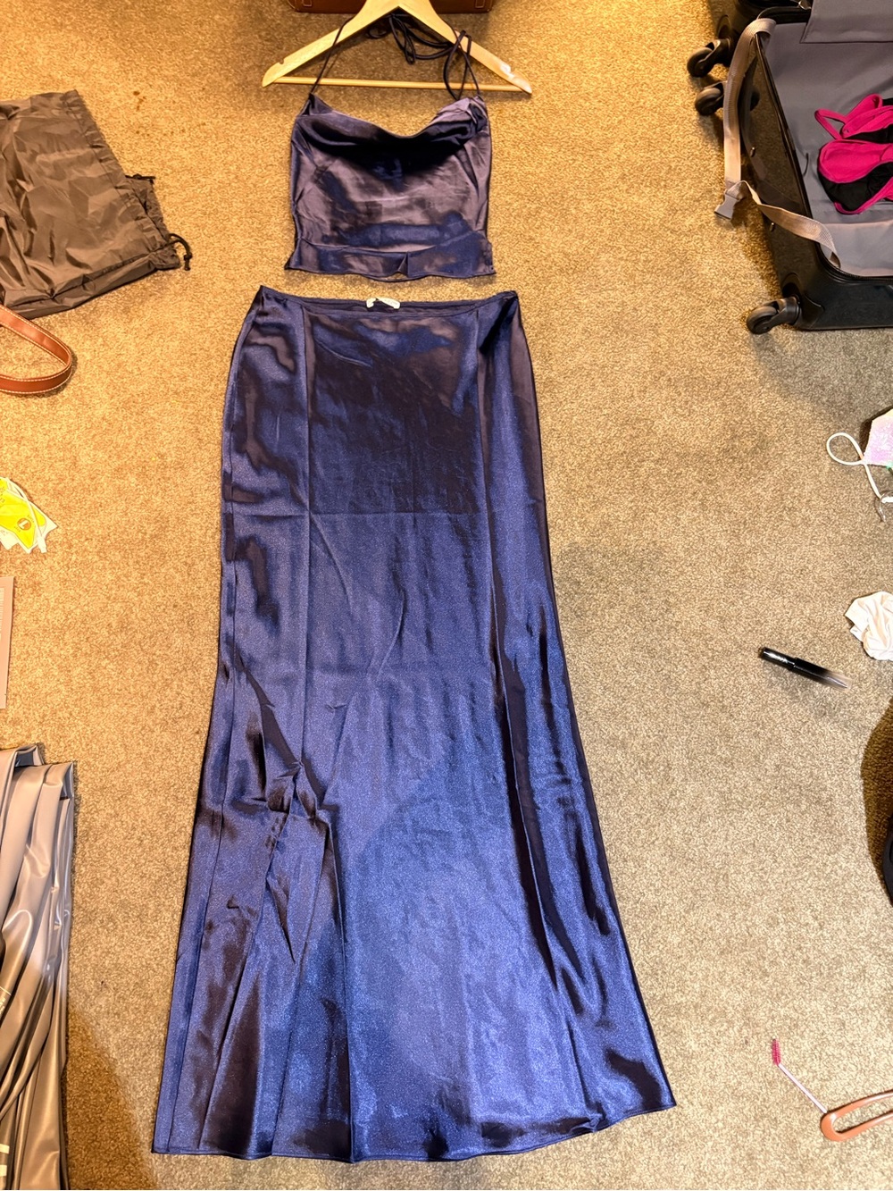 Lucy in the Sky Royal Blue Satin Slip Skirt and Cami Set